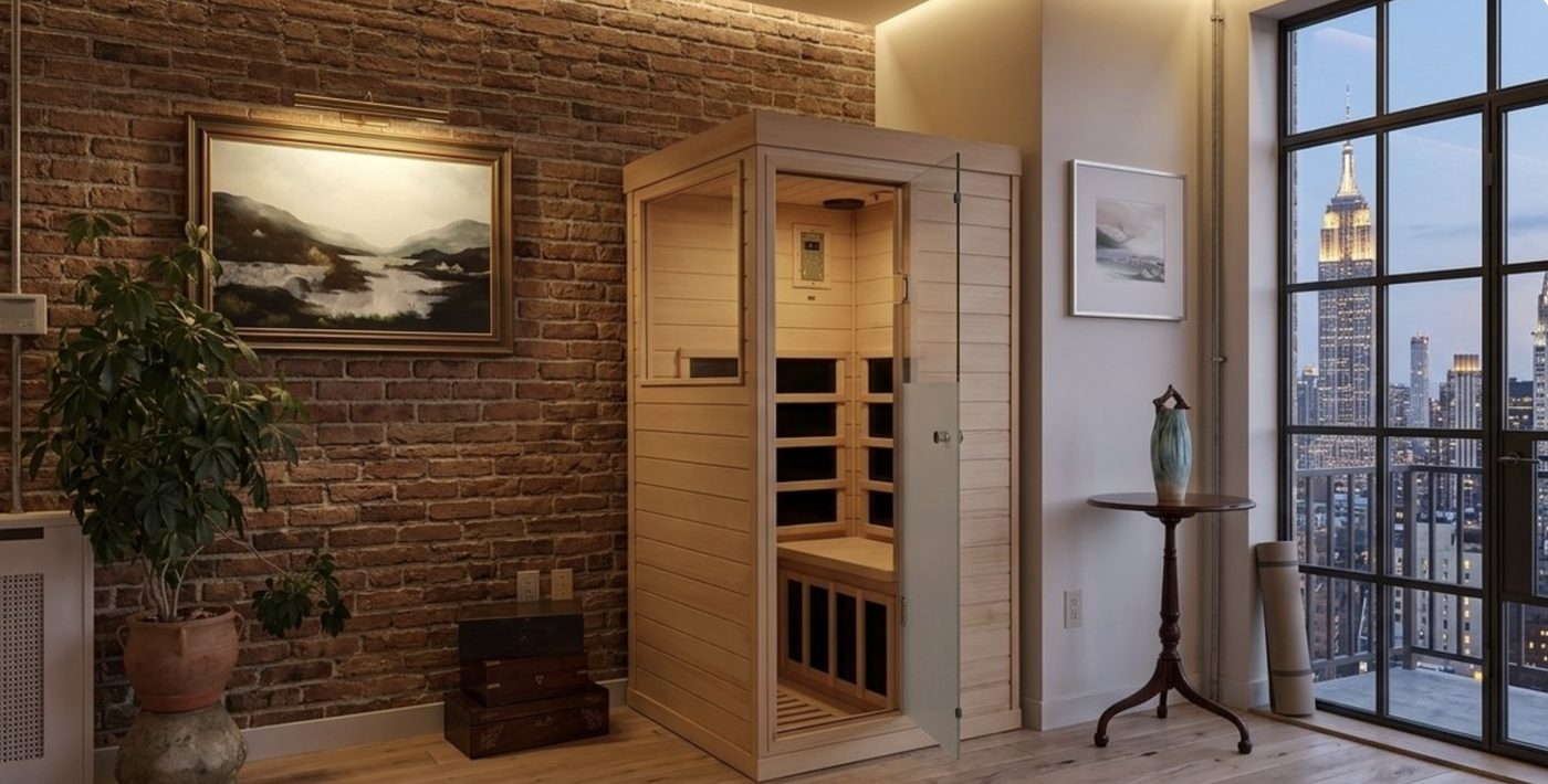 Sun Stream sauna glowing in a New York apartment at dusk, city skyline through the window