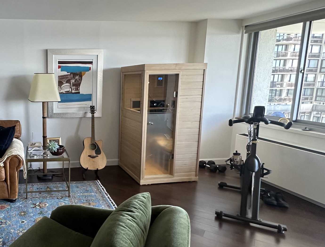 Sun Stream Evolve Mini infrared sauna in a New York City apartment living room